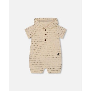 Deux par Deux Boy Printed Organic Cotton Hooded Romper Off-White - 1 of 3