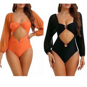 INSPIRE CHIC Women's Cut Out Ring Plunge Neck Shirred Long Sleeves Mesh Tummy Control Monokini Swimsuit 2 Sets - 1 of 4