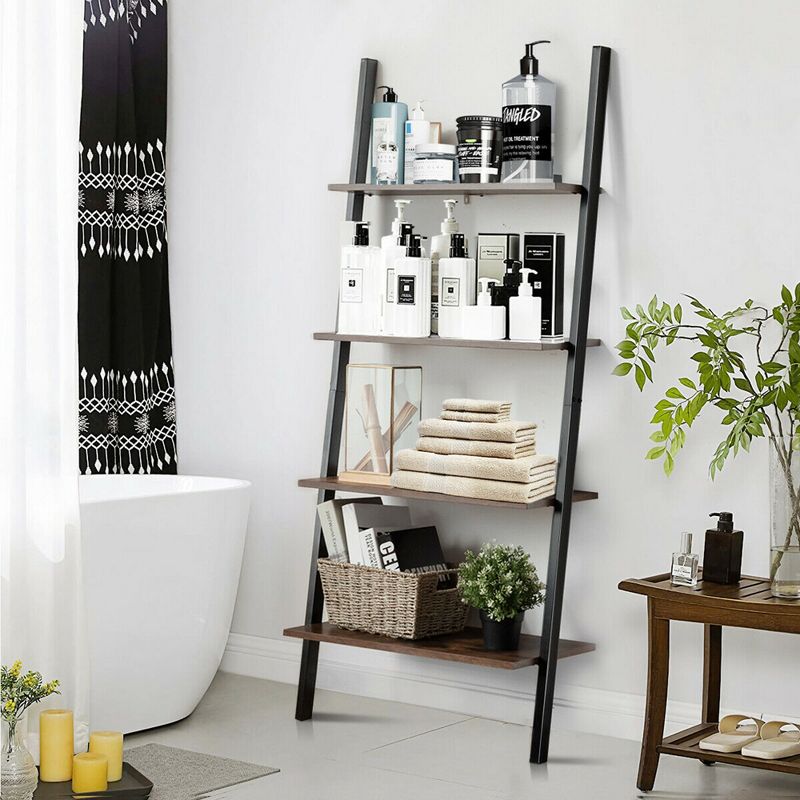 Costway Industrial Ladder Shelf 4-Tier Leaning Wall Bookcase Plant Stand Rustic Black/Brown, 5 of 11