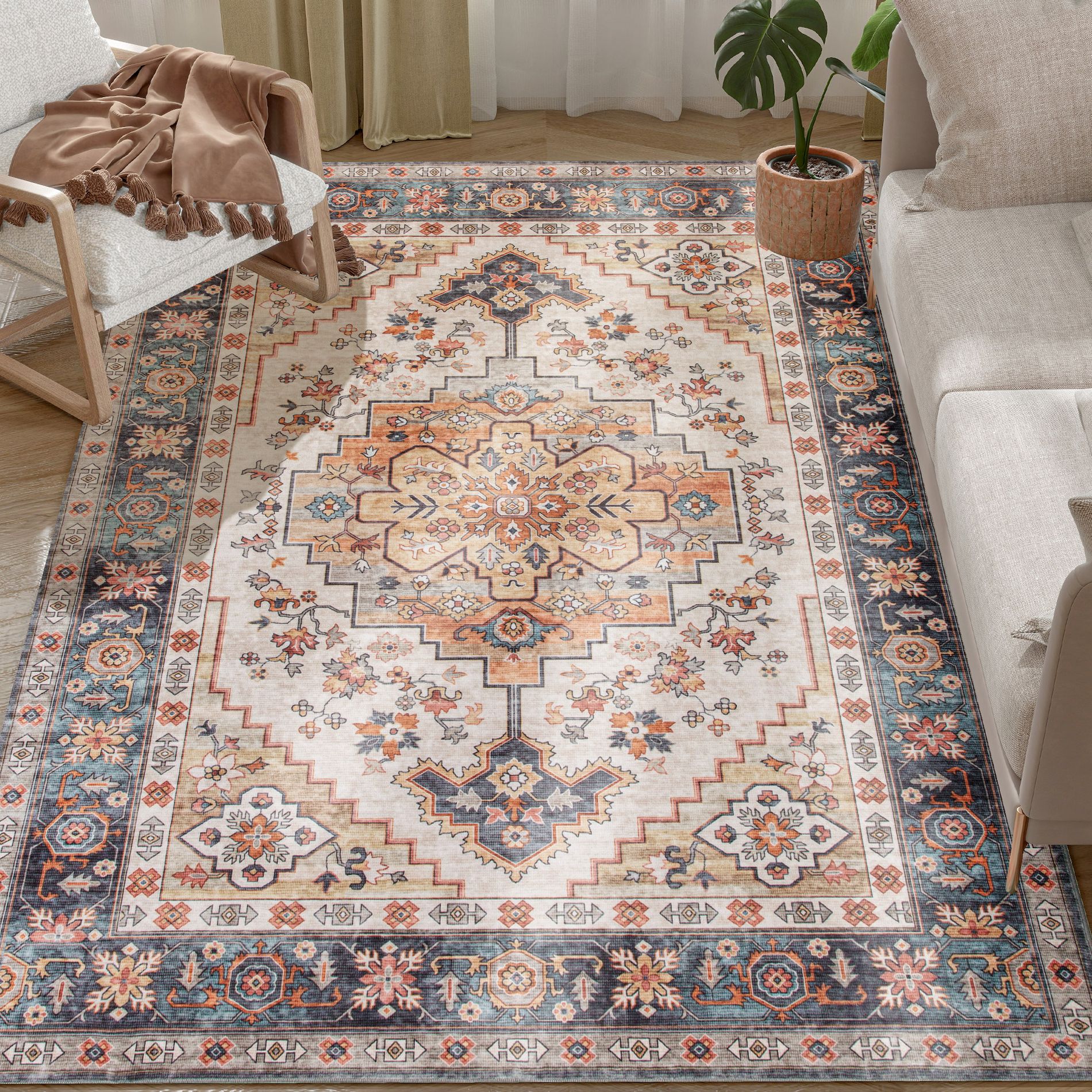 HOMCOM Area Rug 5x7, Non-Slip Machine Washable Rug, Boho Print Pattern Medallion Carpet for Living Room, Bedroom, Dining Room, Tawny Brown