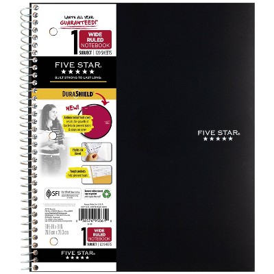 Spiral Notebook 1 Subject Wide Ruled Anti-Microbial Black - Five Star