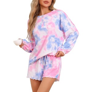 cheibear Women's Long Sleeve Tops with Shorts Tie Dye Casual Pajamas Set - 1 of 4