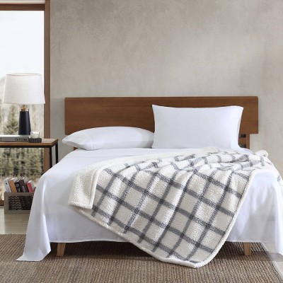 Gray and White Plaid Reversible Sherpa Throw Blanket
