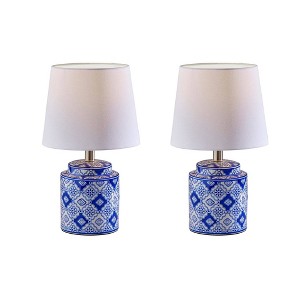 Adesso (Set of 2) Polly Bonus Table Lamps White and Blue: Ceramic Base, Polyester Drum Shade, ETL Listed - 1 of 4