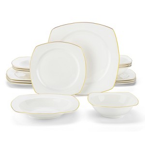 vancasso 16 Piece White With gold Rim Bone china Porcelain Square Dinnerware Set With 4 Piece Dinner/Dessert/Soup Plate and Bowl - 1 of 4