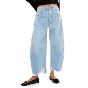 Imily Bela Womens Baggy Barrel Jeans Cropped Boyfriend Wide Leg Raw Hem Denim Pants - 1 of 4