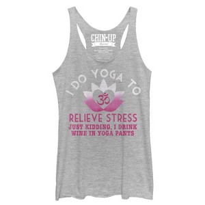 Women's CHIN UP Lotus Drink Wine in Yoga Pants Racerback Tank Top - 1 of 3