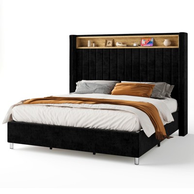 Bed Frame with LED Lights and Charging Station, 53" Tall Storage Headboard