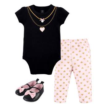 Little Treasure Baby Girl Cotton Bodysuit, Pant and Shoe 3pc Set, Heart Necklace