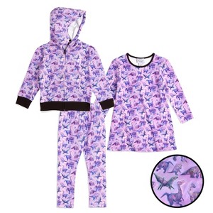 The Pink Picket Fence - Suzie Dinosaur Hoodie, Dress, and Leggings Set in Purple - Hand Painted Dino Print Turned Pattern Repeat - 1 of 4