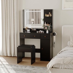 Vanity Desk with LED Mirror & Power Outlet, Makeup Table Set with Storage Drawers, Shelves & Stool - 1 of 4