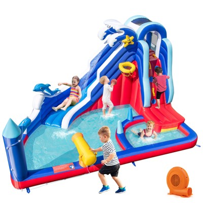 Tangkula Inflatable Water Slide Park Dolphin Theme Kids Bounce House w/ Long Slide 2 Splash Pools Climbing Wall Water Gun  w/ 680W Blower