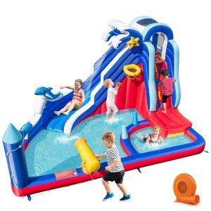 Tangkula Inflatable Water Slide Park Dolphin Theme Kids Bounce House w/ Long Slide 2 Splash Pools Climbing Wall Water Gun  w/ 680W Blower - 1 of 4