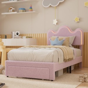 Bed Frame with Adjustable Upholstered Headboard Girls Boucle Platform Bed Frame with Storage Drawers Princess Bed Frame for Kids - 1 of 4