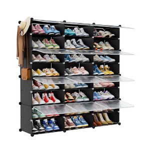 Simple Trending 8 Tier Shoe Storage 48 Pairs Shoe Rack with Door, Space Saving Shoe Cabinet with Hooks, Covers, Black - 1 of 4