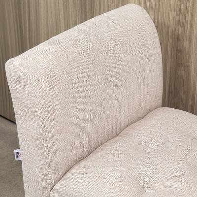 Beige Upholstered Bench with Flared Arms and Wood Legs