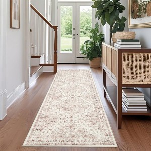 Washable Vintage  Medallion Rug Non Slip Low Pile Rug Soft RetroThrow Floor Cover Foldable Indoor Carpet for Living Room Bedroom Playroom Nursery - 1 of 4