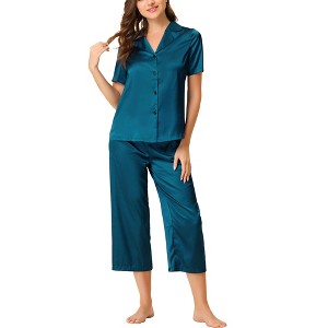 cheibear Women's Soft Satin Button Down with Capri Pants Lounge Pajama Set - 1 of 4