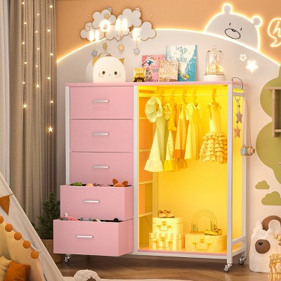 Aheaplus Rollway Dresser with Charge Station and LED Light,Chest With Drawers for Kids Room