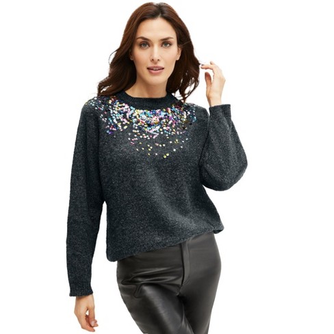 Ellos Women's Plus Size Sequin Yoke Pullover, 34/36