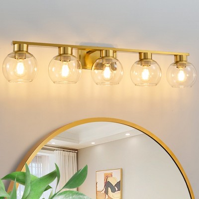 POWLIG 37.4-in 5-Light Gold Bathroom Vanity Light with Clear Glass Shades, Bulbs not Included