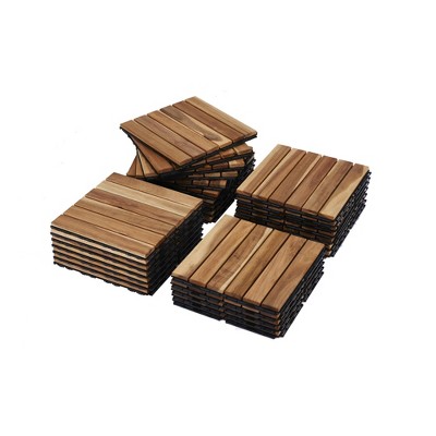 Dolonm 30-Pack Acacia Deck Tiles - 12"x12" Teak-Yellow Striped Anti-Slip, Waterproof for Poolside/Patio, DIY in 30 Mins