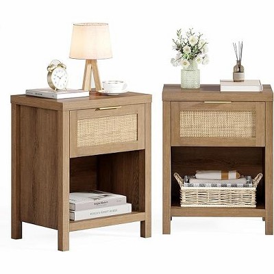 Gerrico 20" Rattan Nightstand Boho End Table with Drawer and Storage Shelf, Farmhouse Cane Accent Bedside Night Stands for Bedroom Small Space Sofa