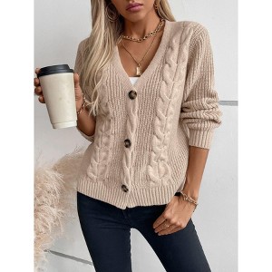Coolmee Women Retro Cable Knit V Neck Long Sleeve Single-Breasted Cardigan Coat - 1 of 4