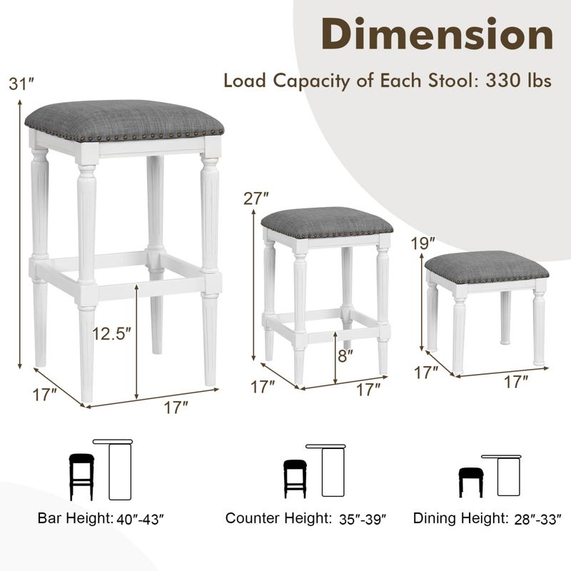 Costway 3 Heights Saddle Stool Set of 2 Square Kitchen Island Stool with Footrests, 3 of 10