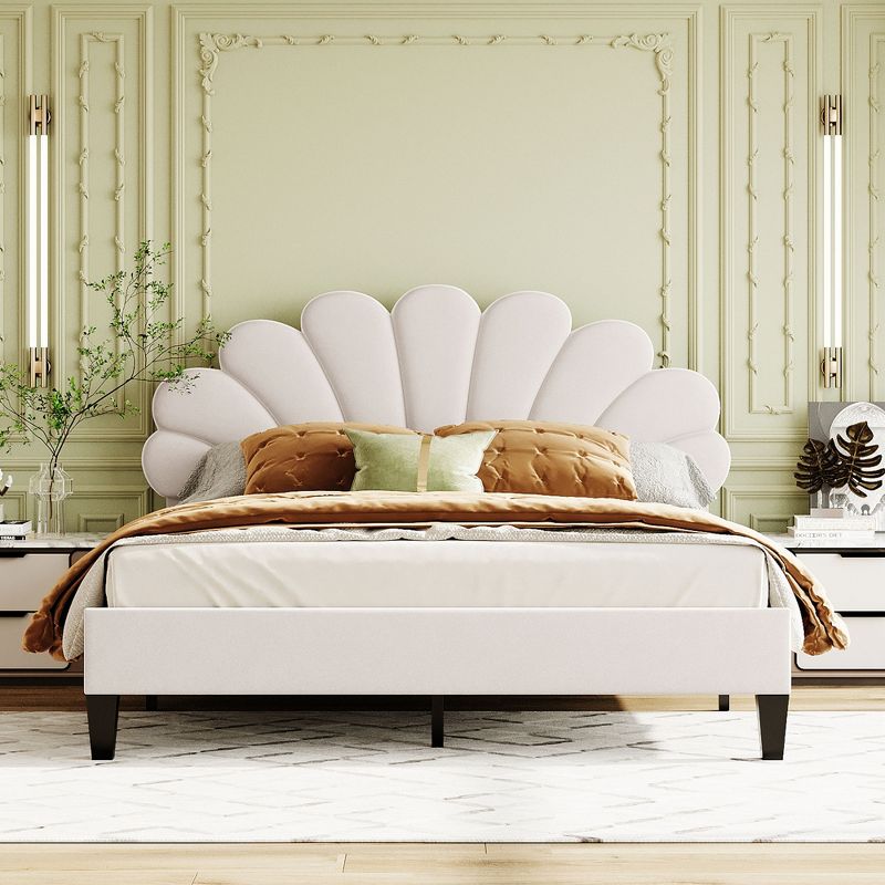Upholstered Wood Platform Bed with Flower Pattern Velvet Headboard-ModernLuxe, 3 of 13