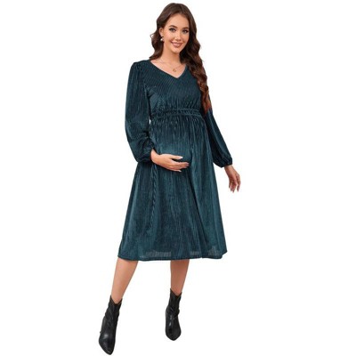 Womens Maternity High Waist V Neck Lantern Sleeve Casual Elegant Baby Shower Dress