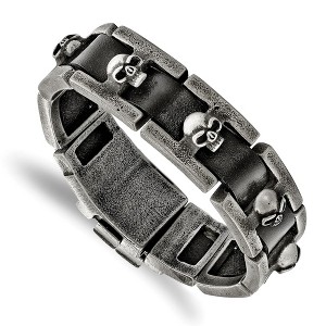 Chisel Stainless Steel Antiqued and Brushed Skulls Black Leather 9" Link Bracelet - 1 of 4