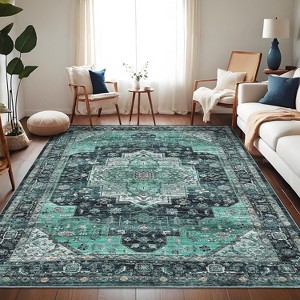 Acekool Vintage Oriental Machine Washable Area Rug, Soft Low Pile Non-Slip Accent Carpet, Stain Resistant for Living Room, Hallway, Laundry - 1 of 4