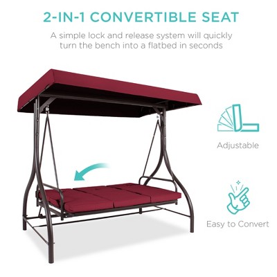 Burgundy Steel Frame 3-Seat Outdoor Canopy Swing Glider