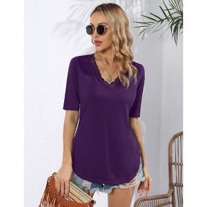 Women Lace Trim V Neck Tshirt Half Sleeve Blouse Basic Tees Summer Tunic Solid Casual Tops - 1 of 4