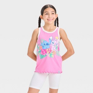 Girls' Disney Stitch and Angel "Ohana" Front and Back Graphic Raglan Tank Top - Pink - 1 of 4