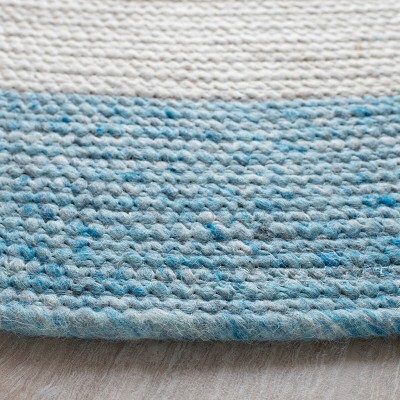 Ivory and Blue Round Braided Wool Area Rug, 5' x 5'