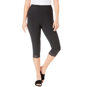 Roaman's Women's Plus Size Lace Trim Essential Stretch Capri Legging - 1 of 4