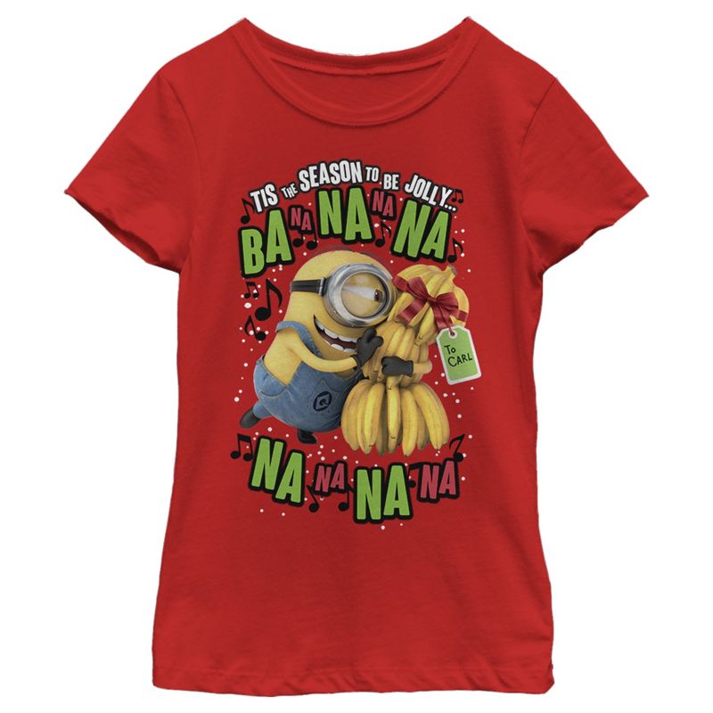 Girl's Despicable Me Christmas Carols Minons Banana T-Shirt, 1 of 5