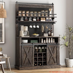Kitchens Coffee Hutch Cabinet Farmhouse Coffee Bar Cabinet 75" Tall Buffet Cabinet w/ Storage Large Bar Cabinet Buffet Sideboard w/ Sliding Barn Door - 1 of 4