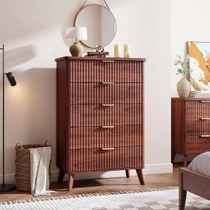 Fluted Dresser w/ Faux Marble Top & 5 Deep Drawers - 47.2" Tall Modern Curved Profile Wooden Chest for Bedroom,Kids Room, Living Room, Hallway - 1 of 4