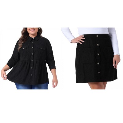 Agnes Orinda Women's Plus Size 2 Piece Corduroy Long Sleeve Peplum Shirts and Elastic Waist Button Down Mini Skirt Set with Pockets