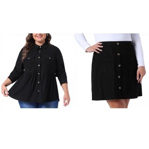 Agnes Orinda Women's Plus Size 2 Piece Corduroy Long Sleeve Peplum Shirts and Elastic Waist Button Down Mini Skirt Set with Pockets - 1 of 4