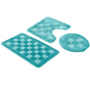 Home Mart Goods Teal Bath Set 3 Piece Anti-Slip Checkered Bathroom Mat, Large Contour Mat & Toilet Seat Lid Cover - 1 of 3
