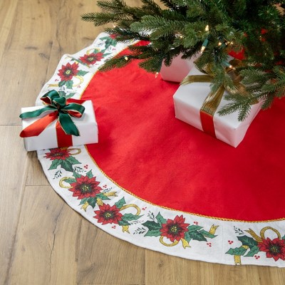 Festive Red and White Poinsettia Christmas Tree Skirt