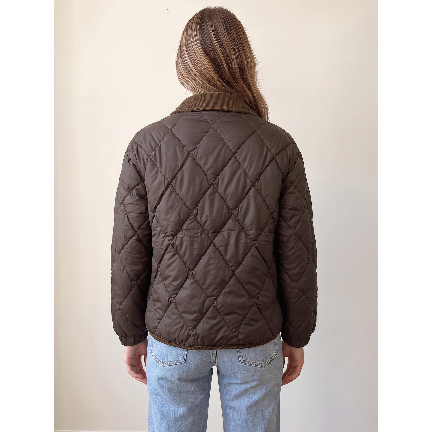 Женская куртка INSPIRE CHIC Color Block Lapel Argyle Quilted Lightweight Button Down Puffer with Gathered Cuffs Coats Small Coffee — фото 3