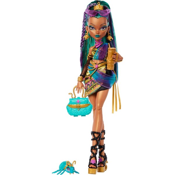 Muñeca Monster High Nefera De Nile con mascota Scarab Lavish y 7 accesorios como bolso y bocadillos