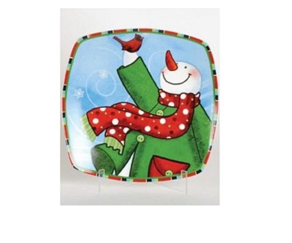 Lynn Roberts 12" Snow Drift Multi-Color Snowman Square Porcelain Christmas Dining Plate