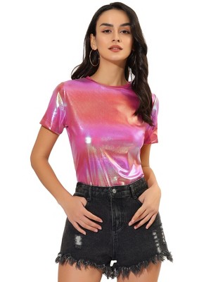 Allegra K Women's Mesh Crop Short Sleeve Metallic Party See-Through Shirts  Purple X-Small