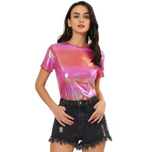 Allegra K Women's Party Metallic Short Sleeve Textured Shiny T-shirts - 1 of 4